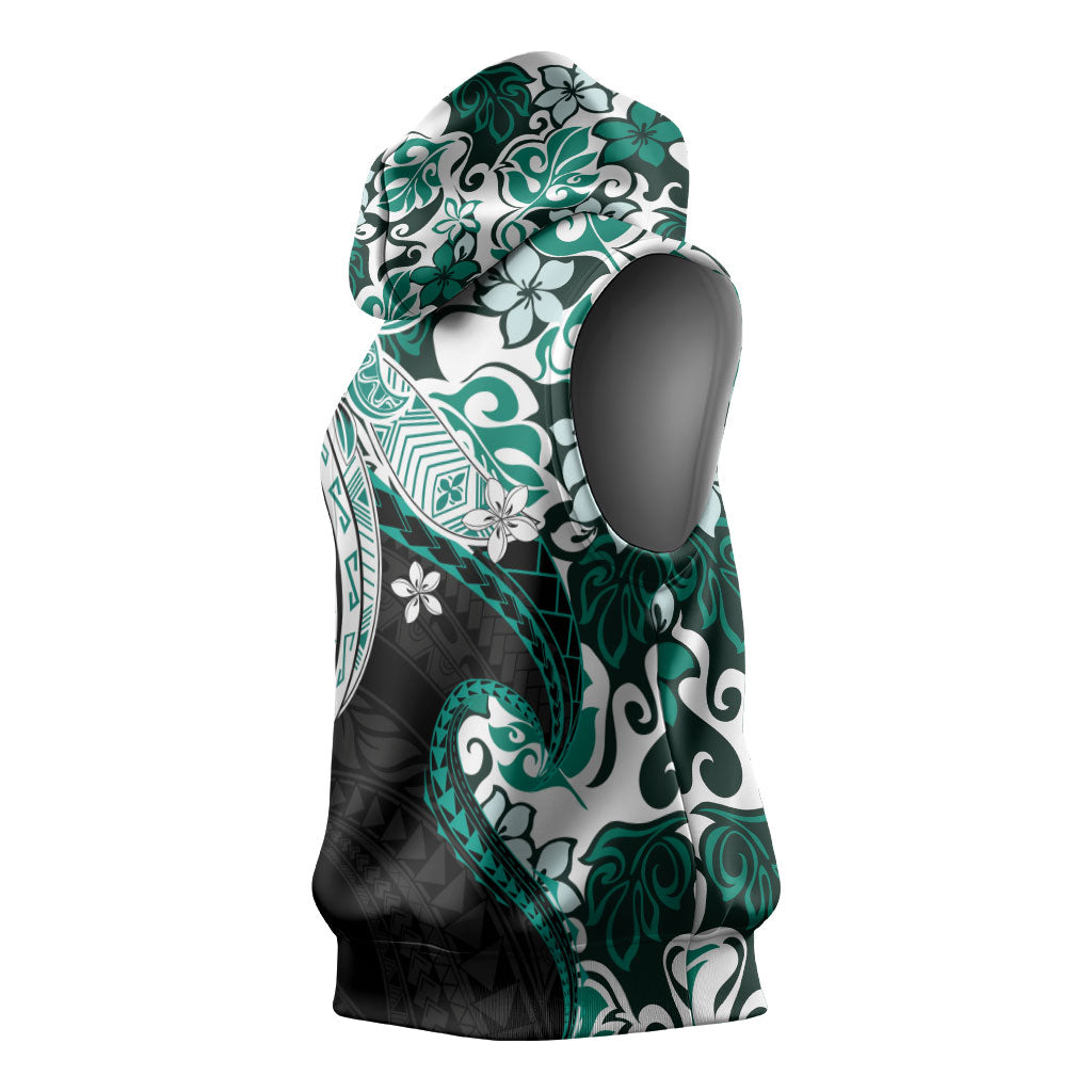 Monstera Plumeria Flowers Teal Sleeveless Hoodie Polynesian Pattern