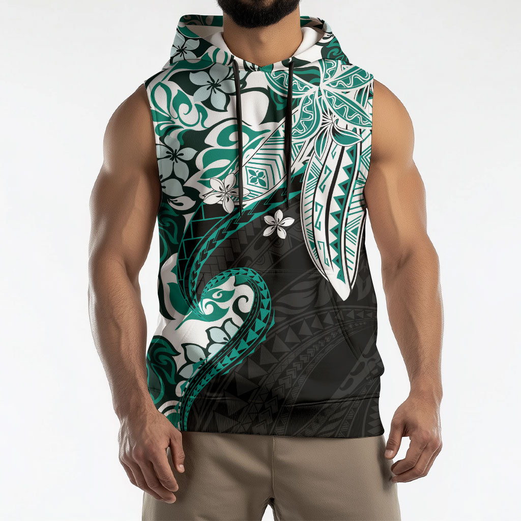 Monstera Plumeria Flowers Teal Sleeveless Hoodie Polynesian Pattern