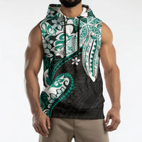 Monstera Plumeria Flowers Teal Sleeveless Hoodie Polynesian Pattern