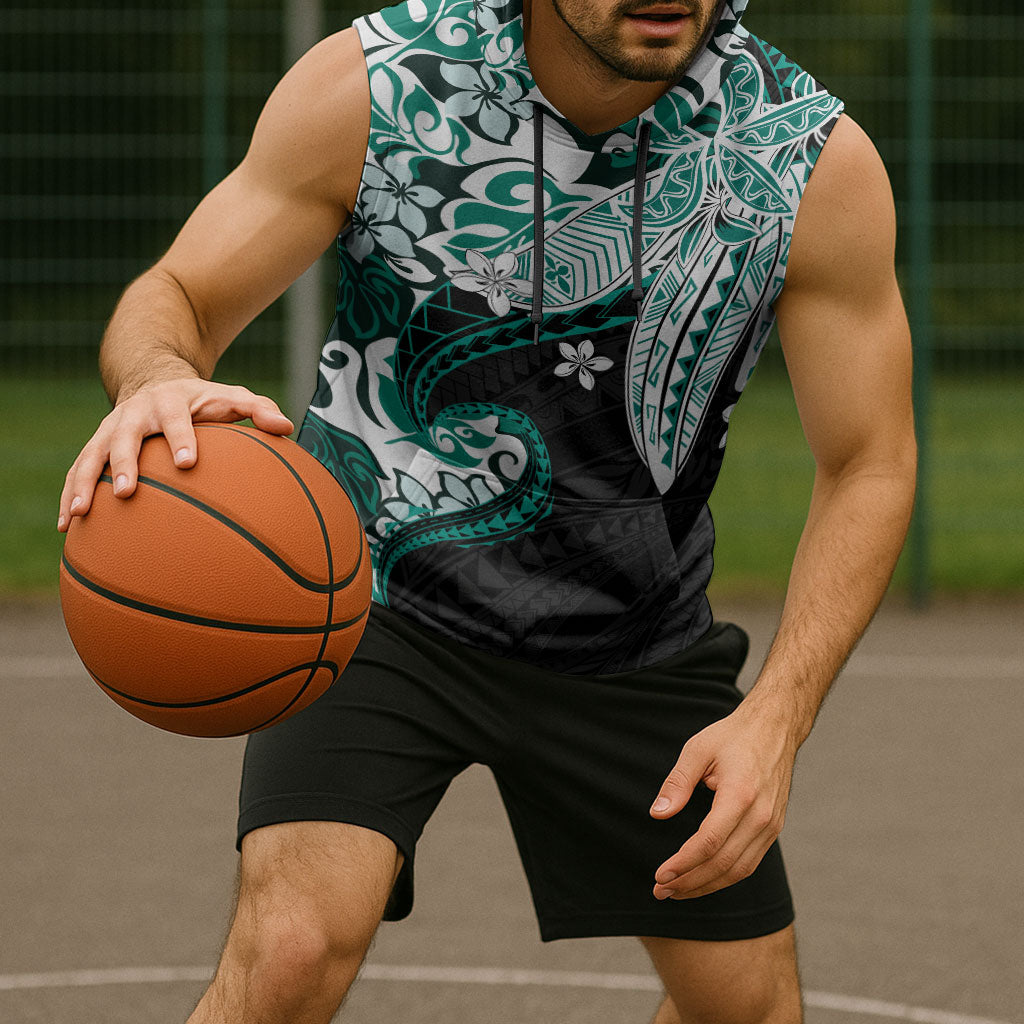 Monstera Plumeria Flowers Teal Sleeveless Hoodie Polynesian Pattern