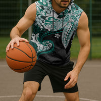 Monstera Plumeria Flowers Teal Sleeveless Hoodie Polynesian Pattern