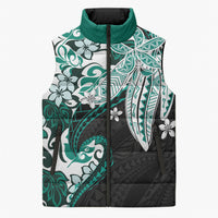 Monstera Plumeria Flowers Teal Sleeveless Puffer Jacket Polynesian Pattern LT01 Unisex Teal - Polynesian Pride
