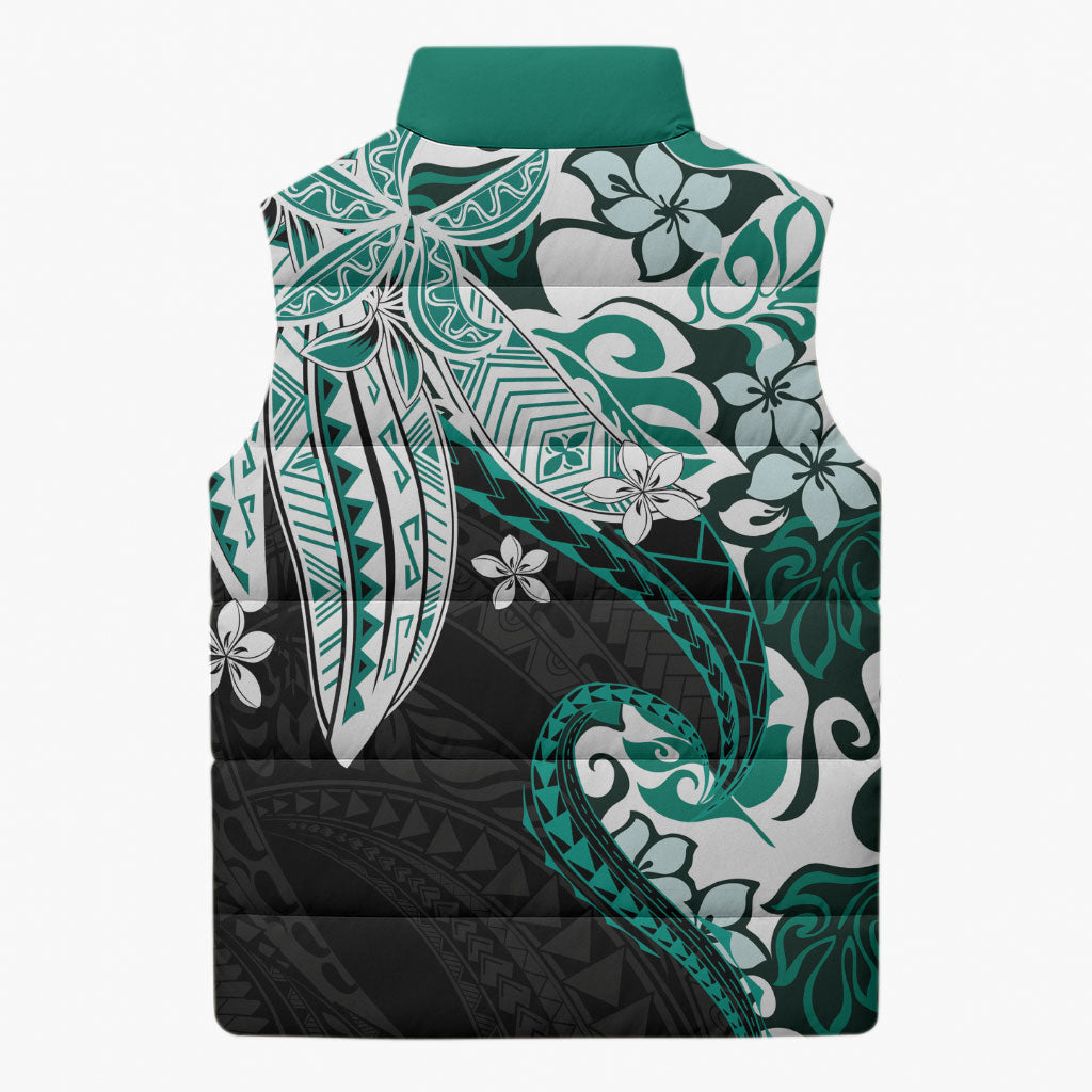 Monstera Plumeria Flowers Teal Sleeveless Puffer Jacket Polynesian Pattern LT01 - Polynesian Pride