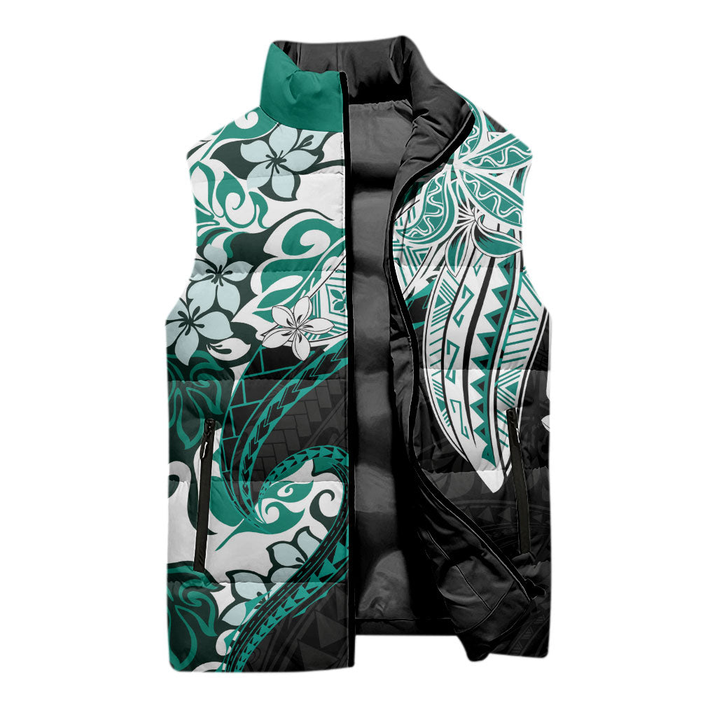 Monstera Plumeria Flowers Teal Sleeveless Puffer Jacket Polynesian Pattern LT01 - Polynesian Pride