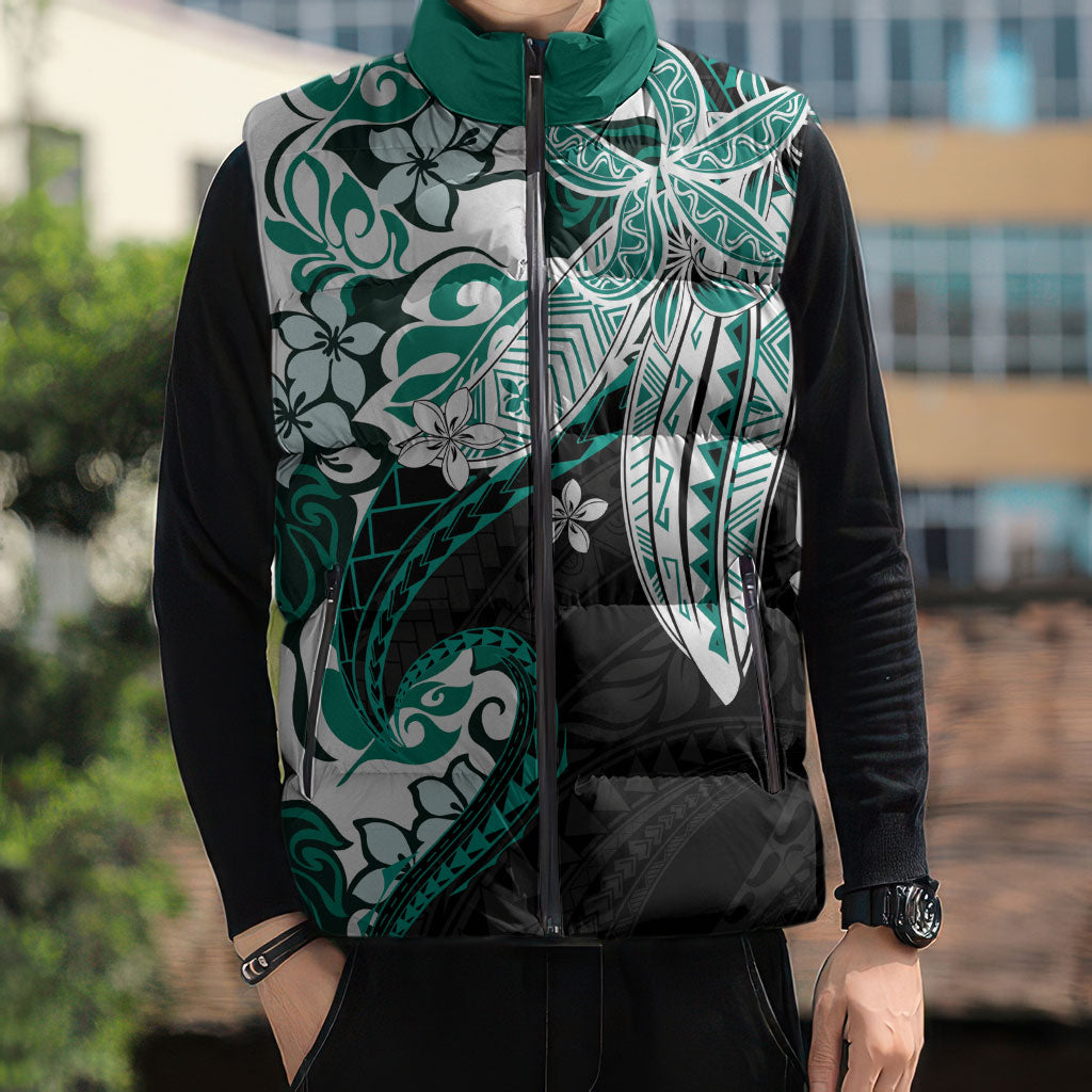 Monstera Plumeria Flowers Teal Sleeveless Puffer Jacket Polynesian Pattern LT01 - Polynesian Pride