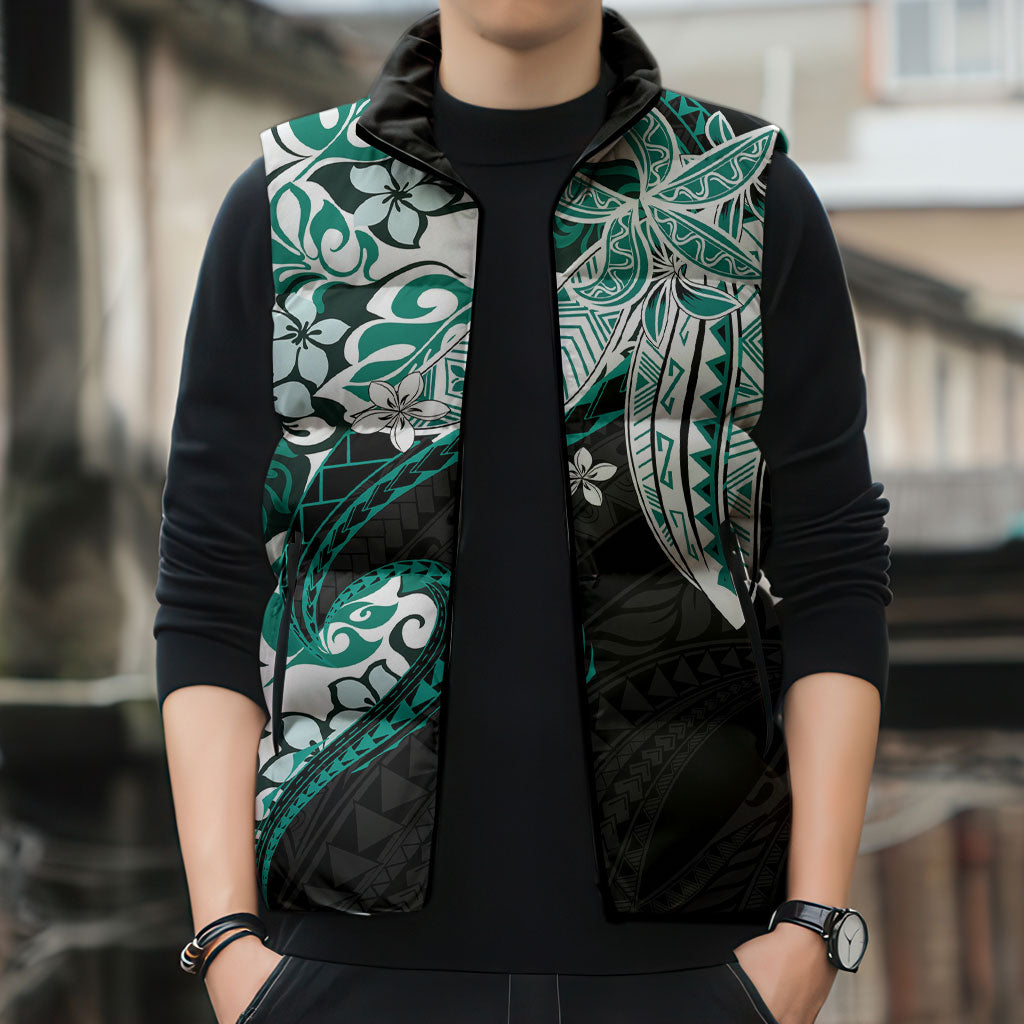 Monstera Plumeria Flowers Teal Sleeveless Puffer Jacket Polynesian Pattern LT01 - Polynesian Pride