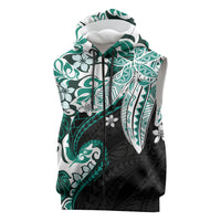 Monstera Plumeria Flowers Teal Sleeveless Zip Hoodie Polynesian Pattern