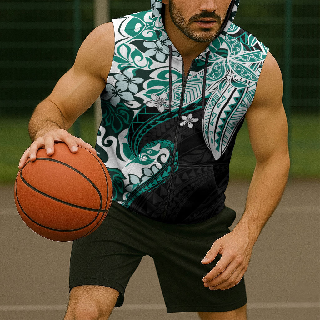 Monstera Plumeria Flowers Teal Sleeveless Zip Hoodie Polynesian Pattern