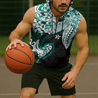 Monstera Plumeria Flowers Teal Sleeveless Zip Hoodie Polynesian Pattern