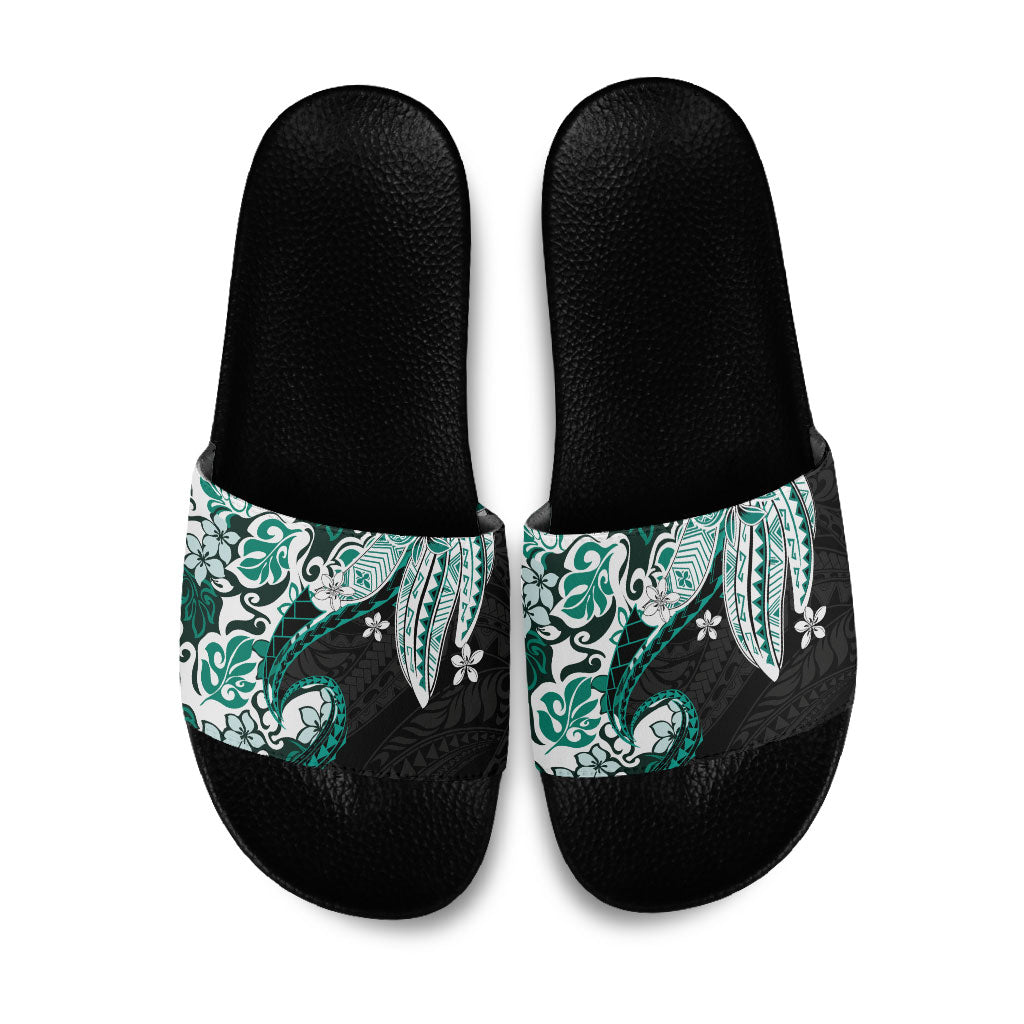Monstera Plumeria Flowers Teal Slide Sandals Polynesian Pattern LT01 Teal - Polynesian Pride