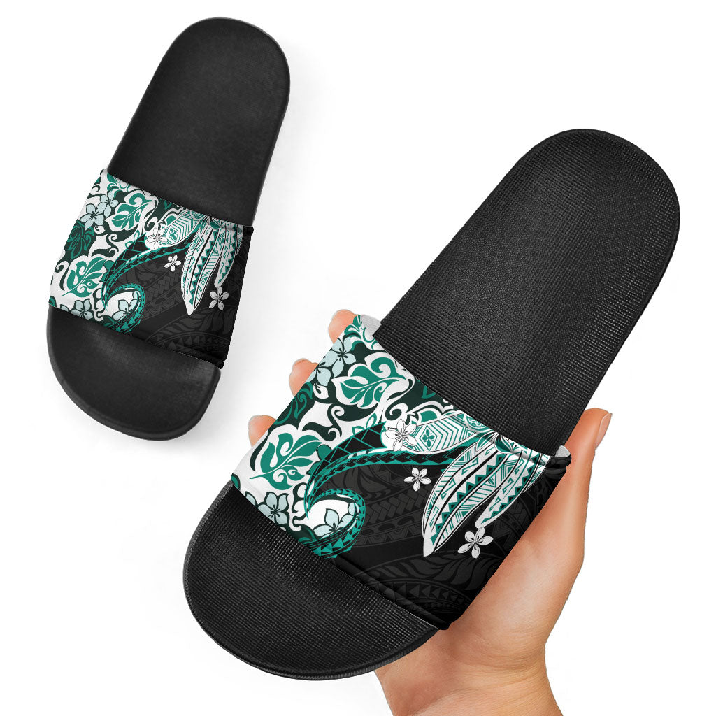 Monstera Plumeria Flowers Teal Slide Sandals Polynesian Pattern LT01 - Polynesian Pride
