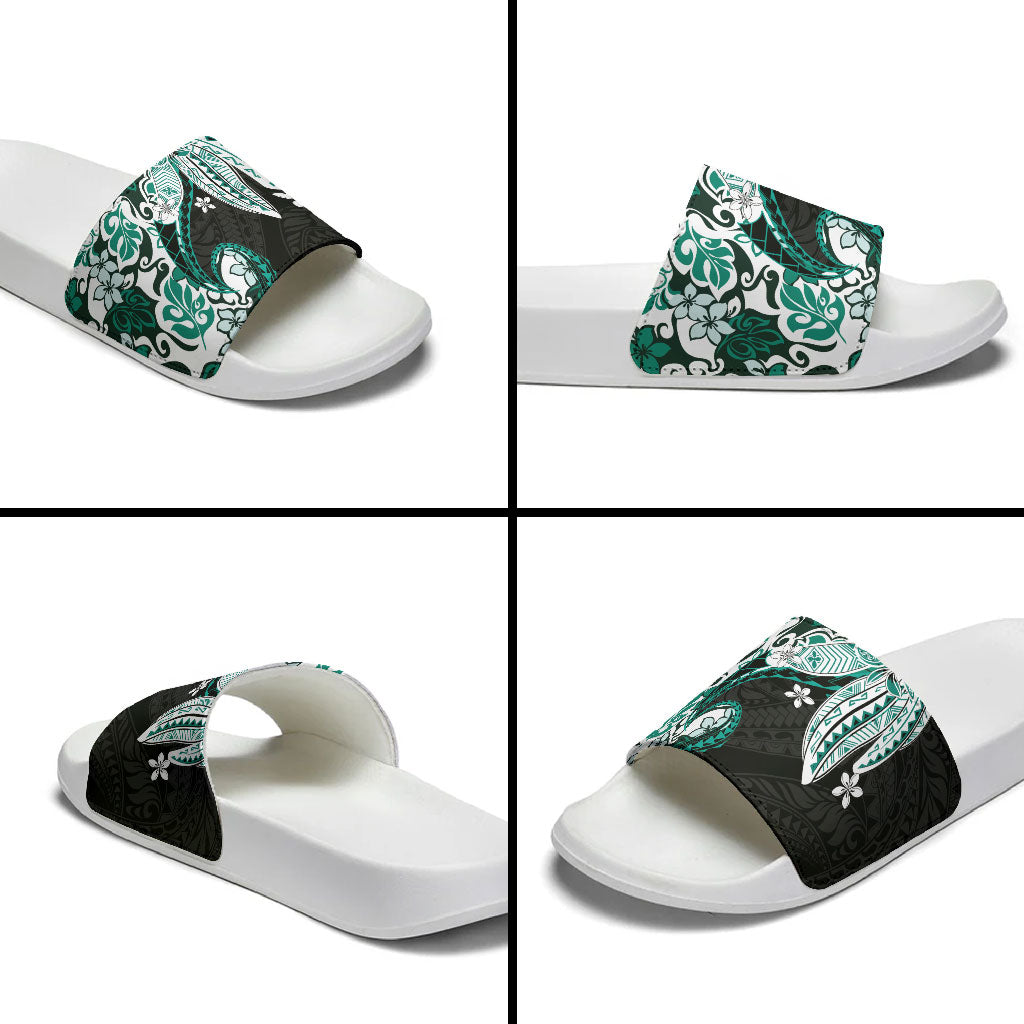 Monstera Plumeria Flowers Teal Slide Sandals Polynesian Pattern LT01 - Polynesian Pride