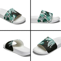 Monstera Plumeria Flowers Teal Slide Sandals Polynesian Pattern LT01 - Polynesian Pride