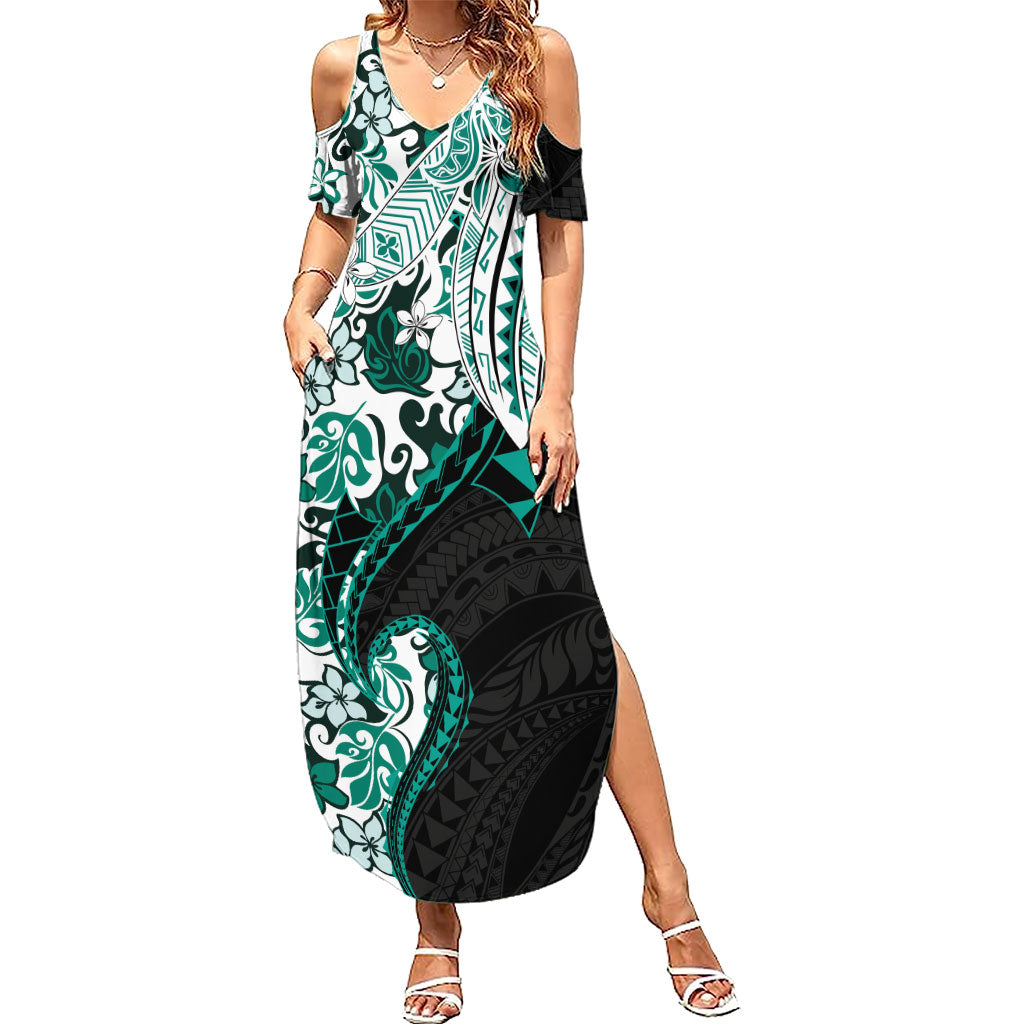 Monstera Plumeria Flowers Teal Summer Maxi Dress Polynesian Pattern LT01 Women Teal - Polynesian Pride