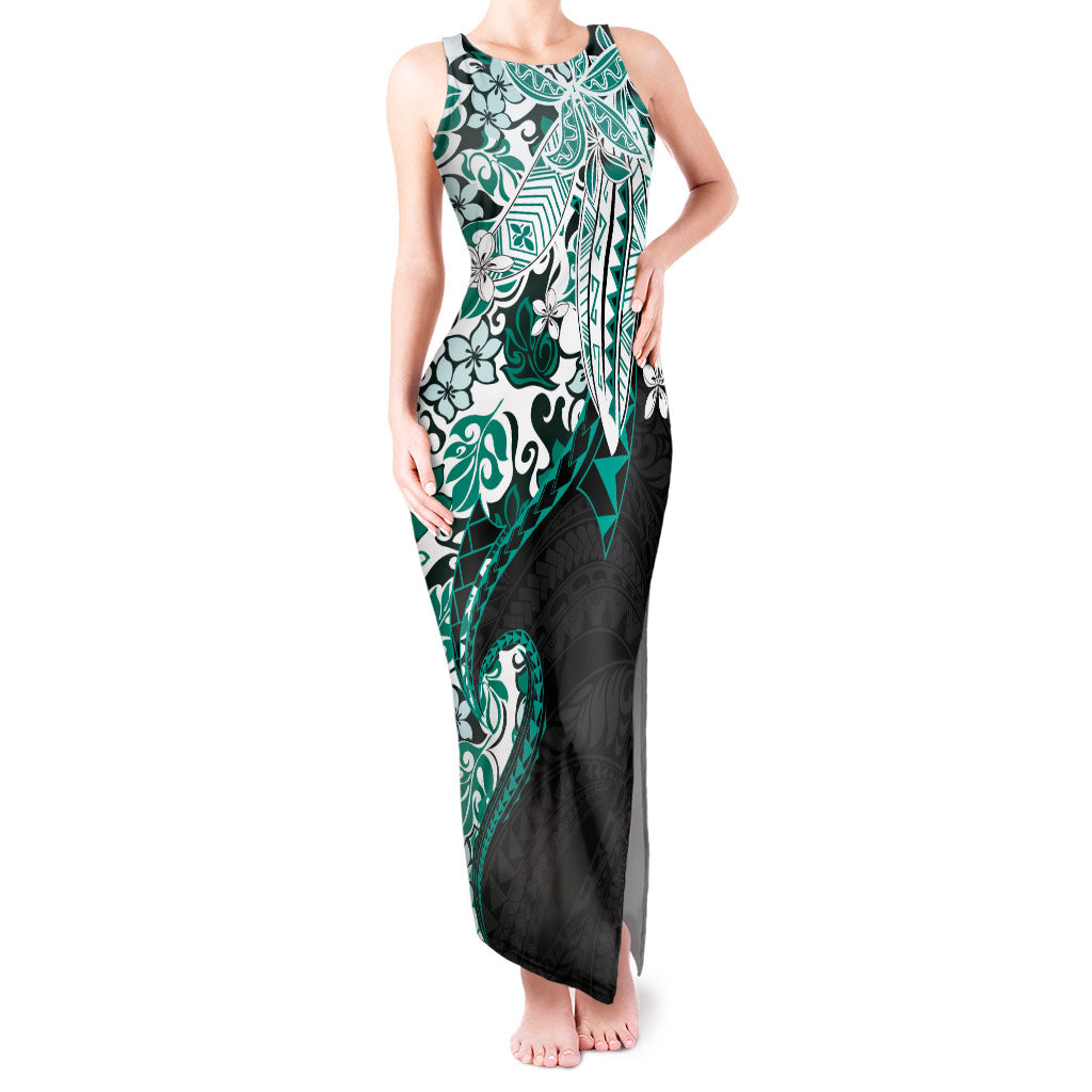 Monstera Plumeria Flowers Teal Tank Maxi Dress Polynesian Pattern LT01 Women Teal - Polynesian Pride