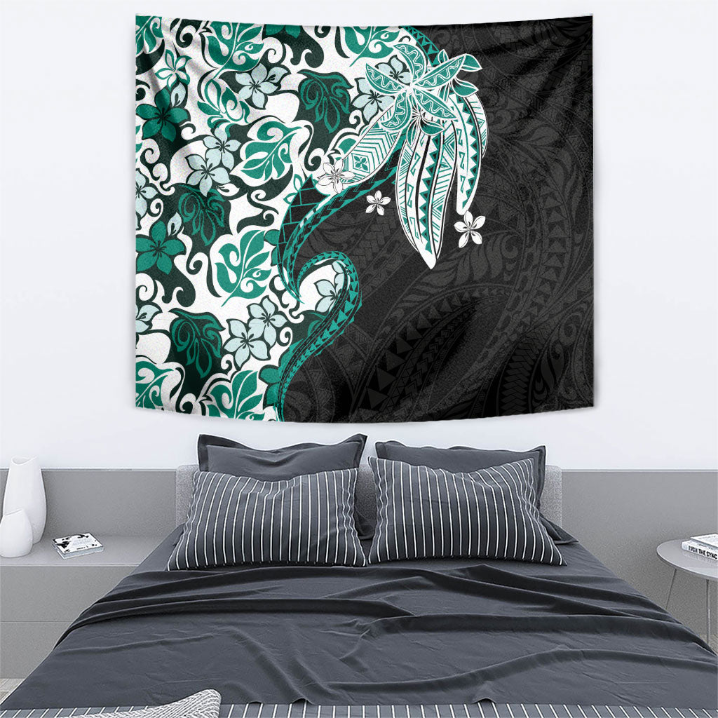 Monstera Plumeria Flowers Teal Tapestry Polynesian Pattern LT01 - Polynesian Pride