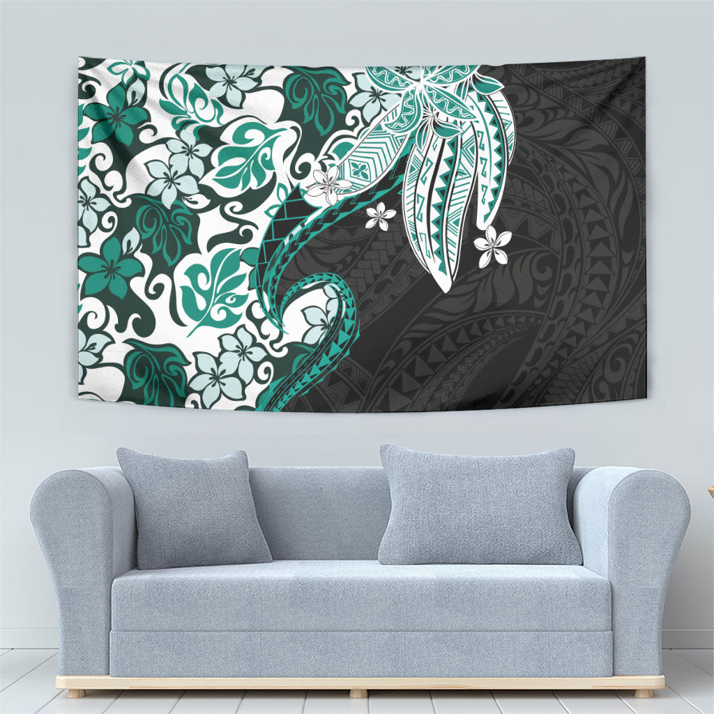 Monstera Plumeria Flowers Teal Tapestry Polynesian Pattern LT01 - Polynesian Pride