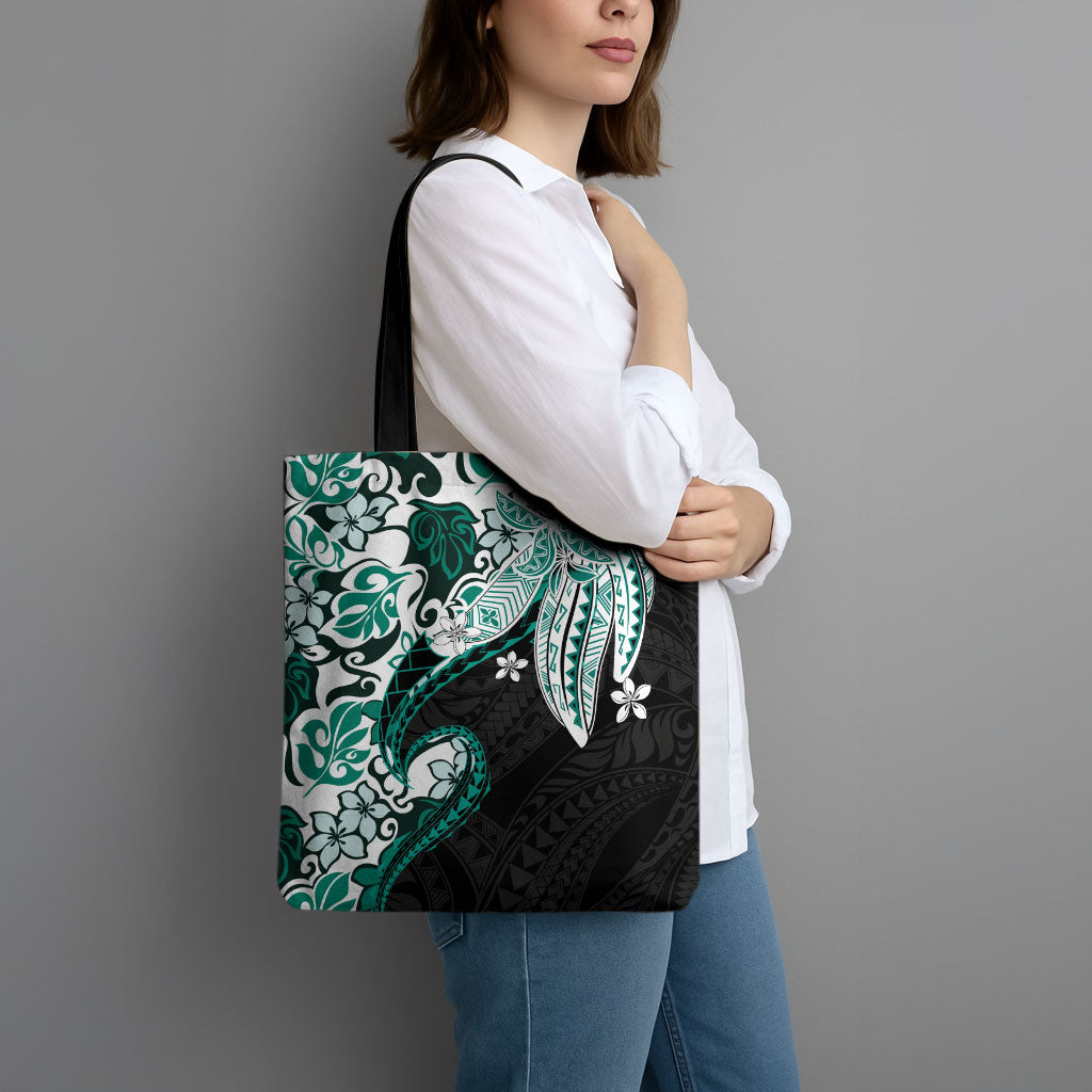 Monstera Plumeria Flowers Teal Tote Bag Polynesian Pattern LT01 - Polynesian Pride