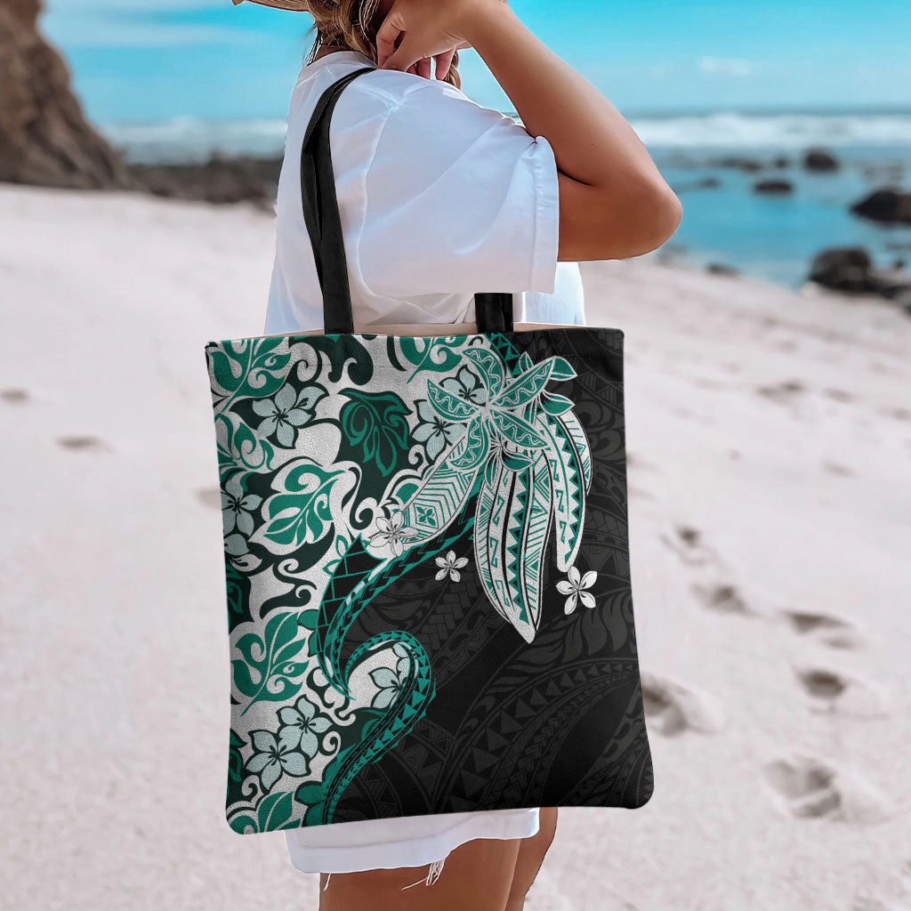 Monstera Plumeria Flowers Teal Tote Bag Polynesian Pattern LT01 - Polynesian Pride