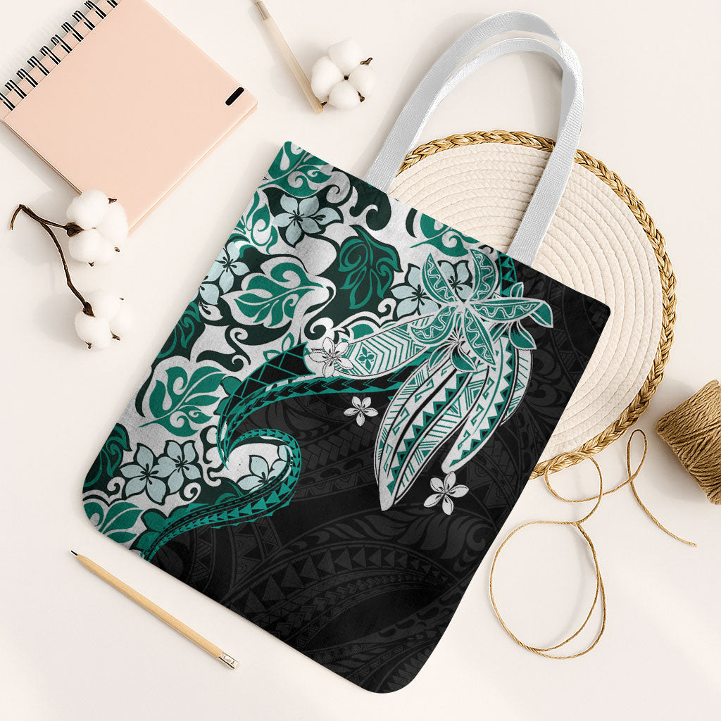 Monstera Plumeria Flowers Teal Tote Bag Polynesian Pattern LT01 White Strap One Size Teal - Polynesian Pride
