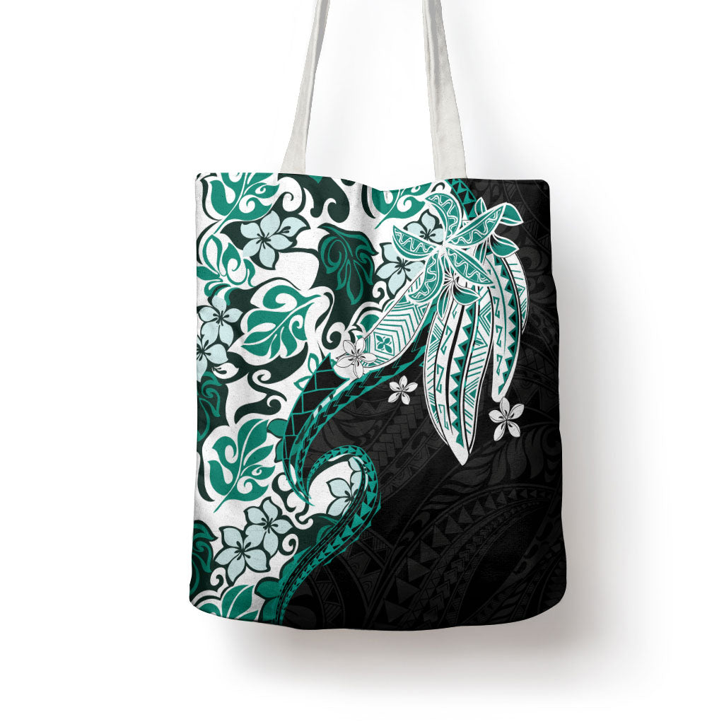 Monstera Plumeria Flowers Teal Tote Bag Polynesian Pattern LT01 - Polynesian Pride