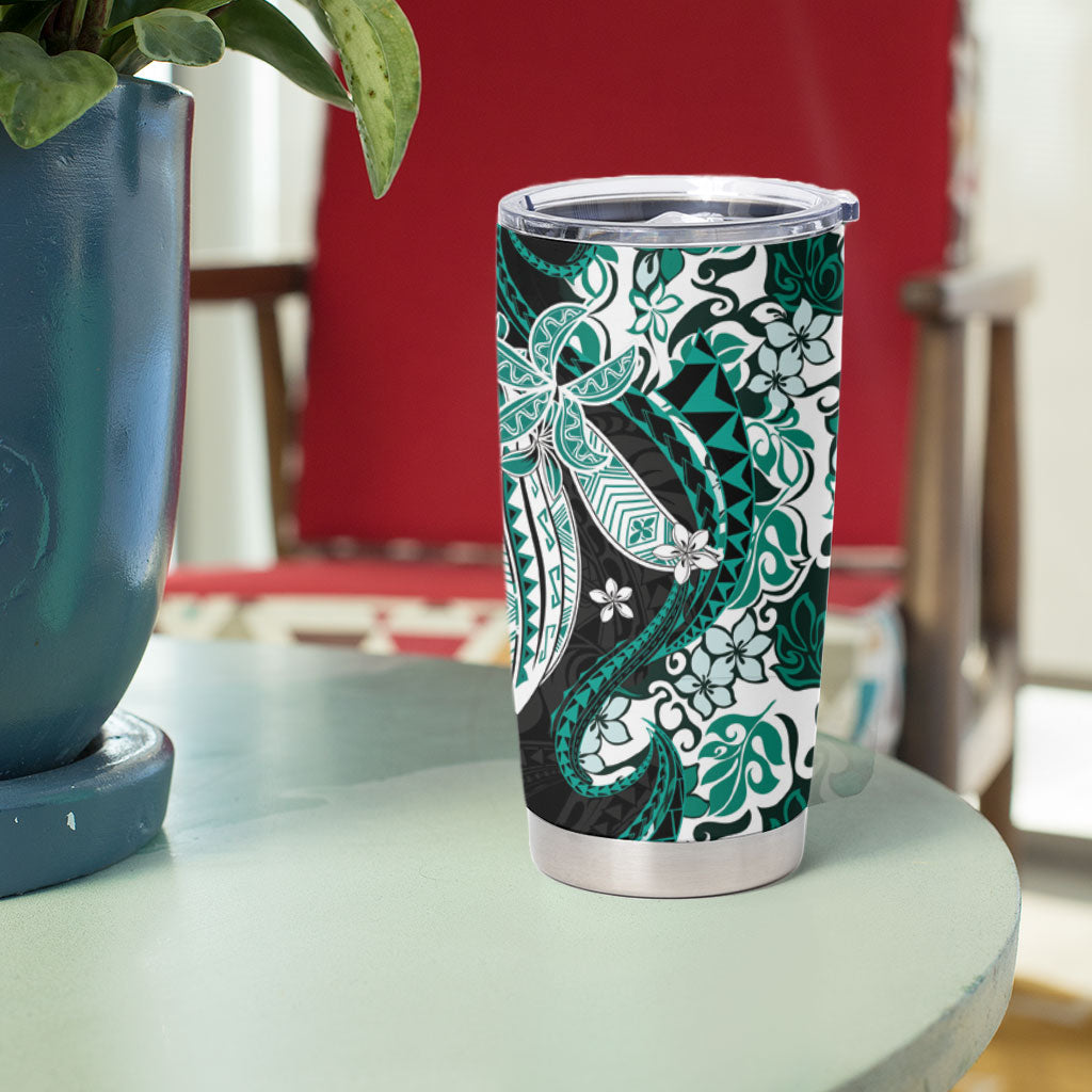 Monstera Plumeria Flowers Teal Tumbler Cup Polynesian Pattern LT01 - Polynesian Pride