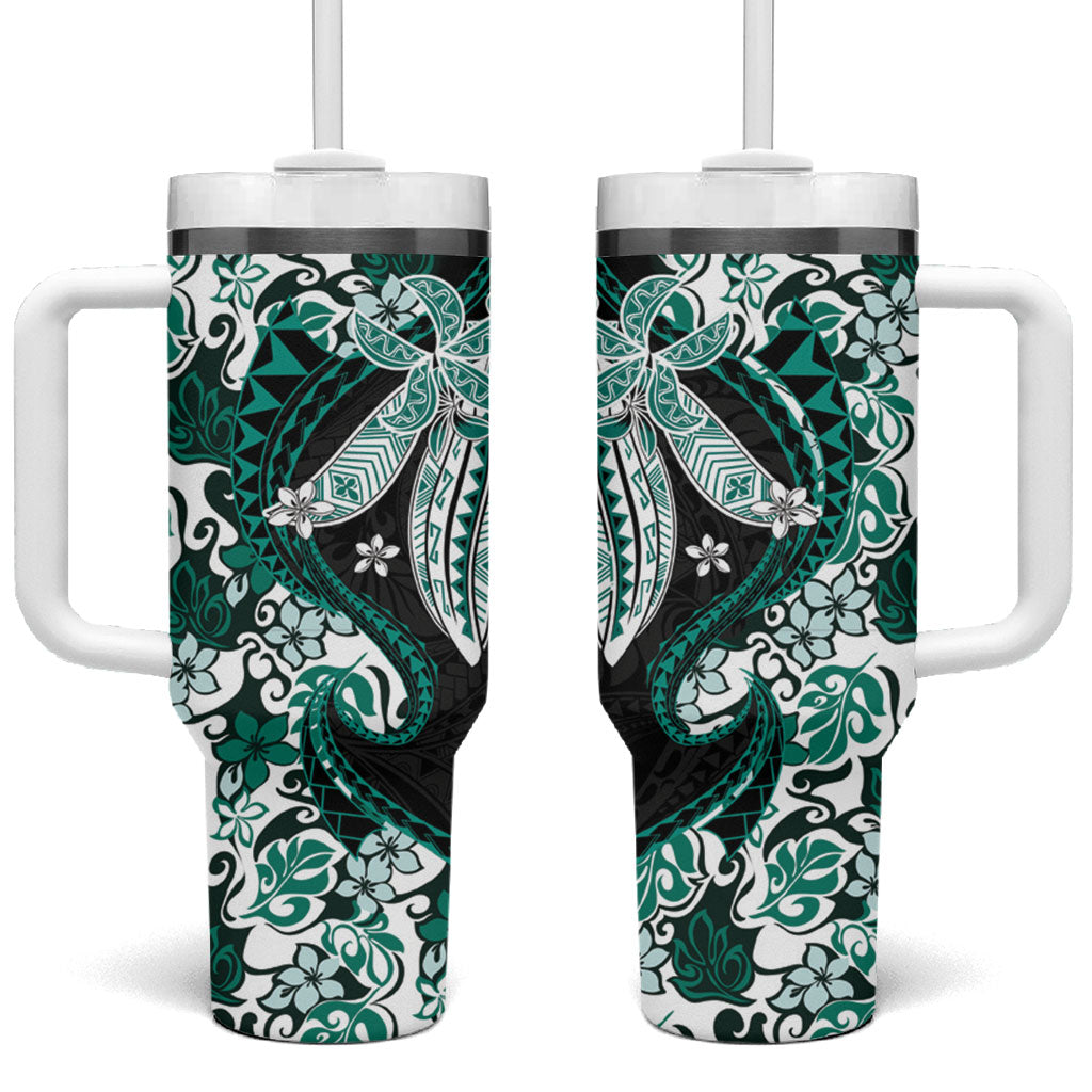 Monstera Plumeria Flowers Teal Tumbler With Handle Polynesian Pattern LT01 One Size: 40 oz Teal - Polynesian Pride