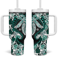 Monstera Plumeria Flowers Teal Tumbler With Handle Polynesian Pattern LT01 One Size: 40 oz Teal - Polynesian Pride