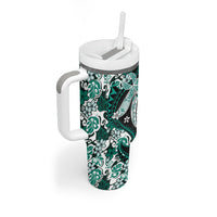 Monstera Plumeria Flowers Teal Tumbler With Handle Polynesian Pattern LT01 - Polynesian Pride