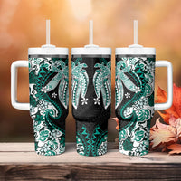 Monstera Plumeria Flowers Teal Tumbler With Handle Polynesian Pattern LT01 - Polynesian Pride
