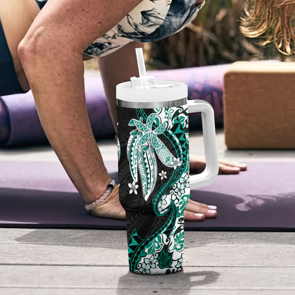 Monstera Plumeria Flowers Teal Tumbler With Handle Polynesian Pattern LT01 - Polynesian Pride