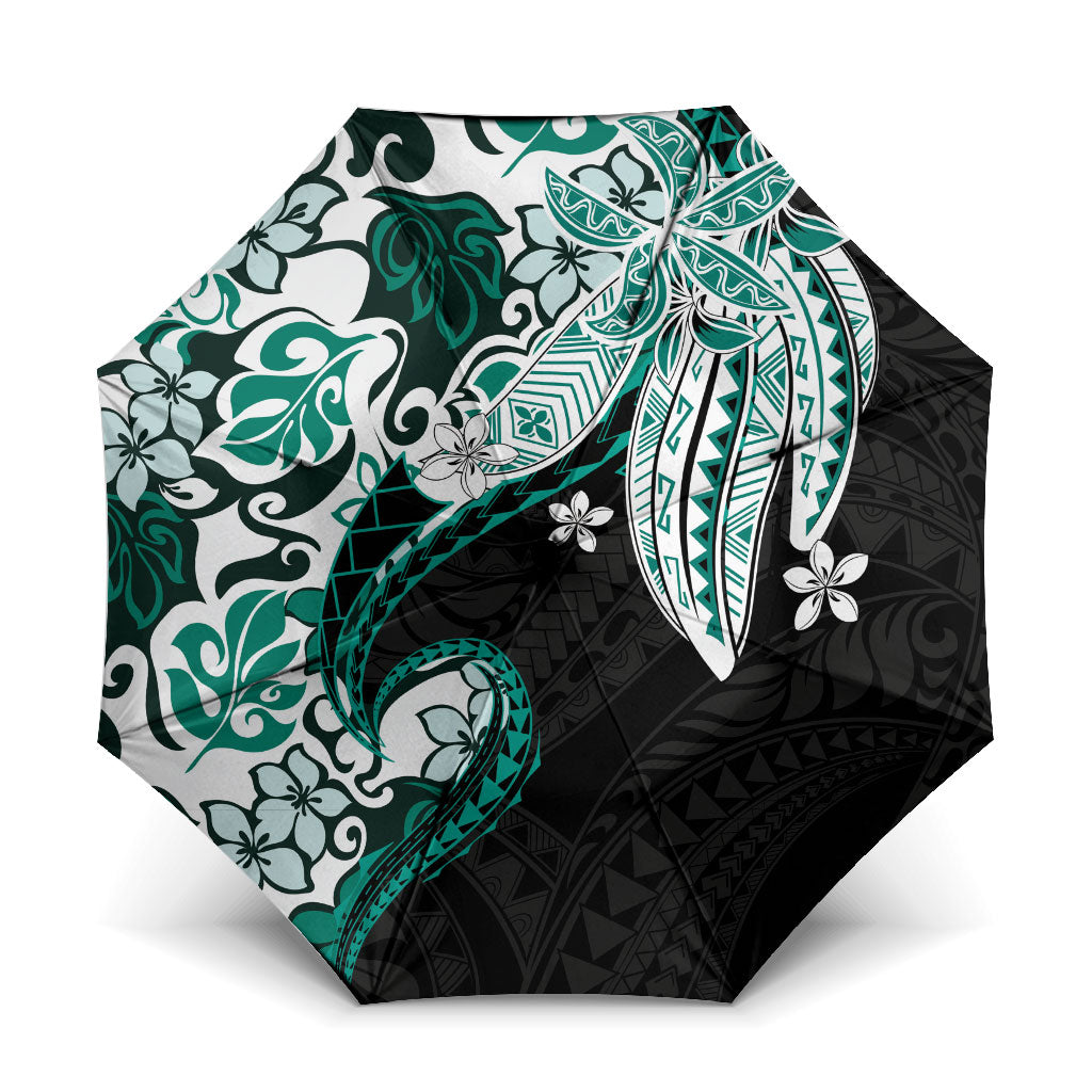 Monstera Plumeria Flowers Teal Umbrella Polynesian Pattern LT01 One Size Folded 11.42 inch Opened Diameter 37.4 inch Teal - Polynesian Pride