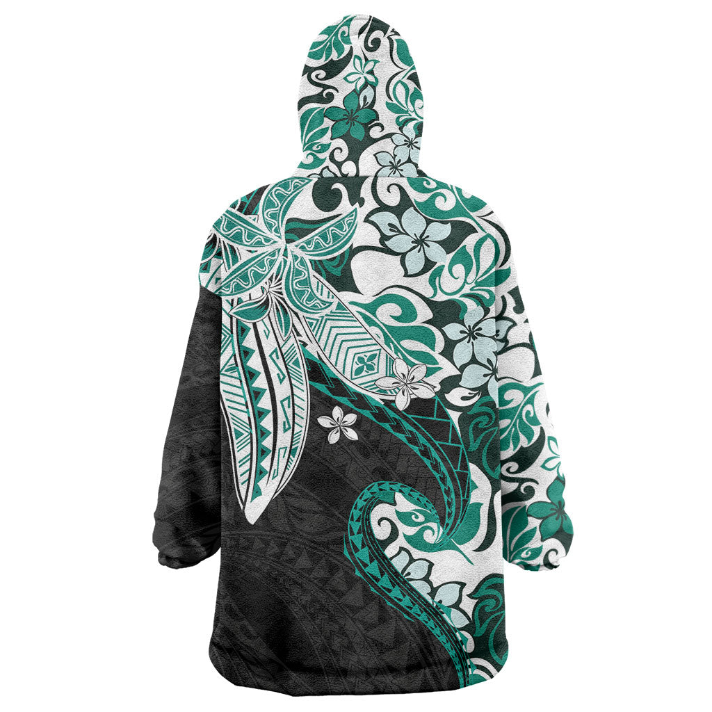 Monstera Plumeria Flowers Teal Wearable Blanket Hoodie Polynesian Pattern LT01 - Polynesian Pride