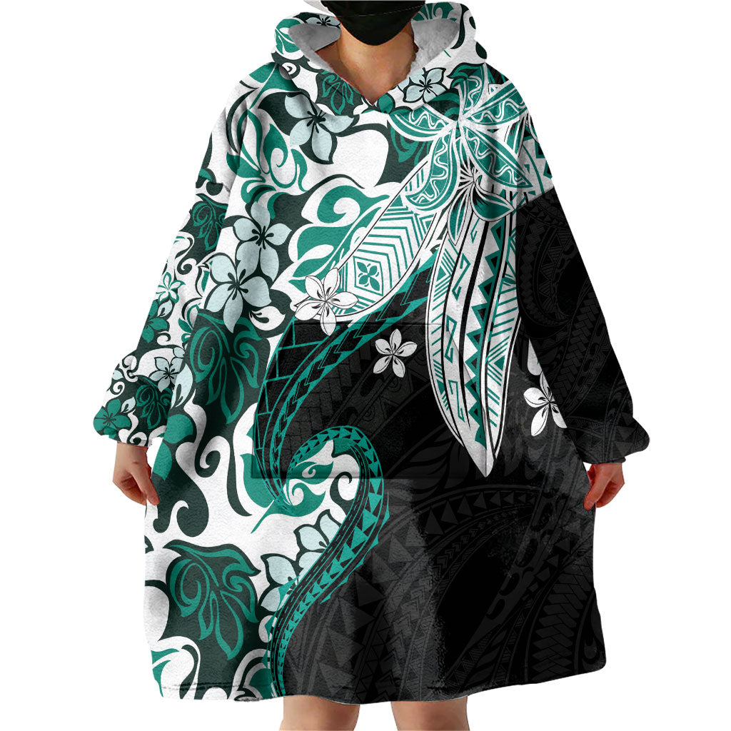 Monstera Plumeria Flowers Teal Wearable Blanket Hoodie Polynesian Pattern LT01 - Polynesian Pride