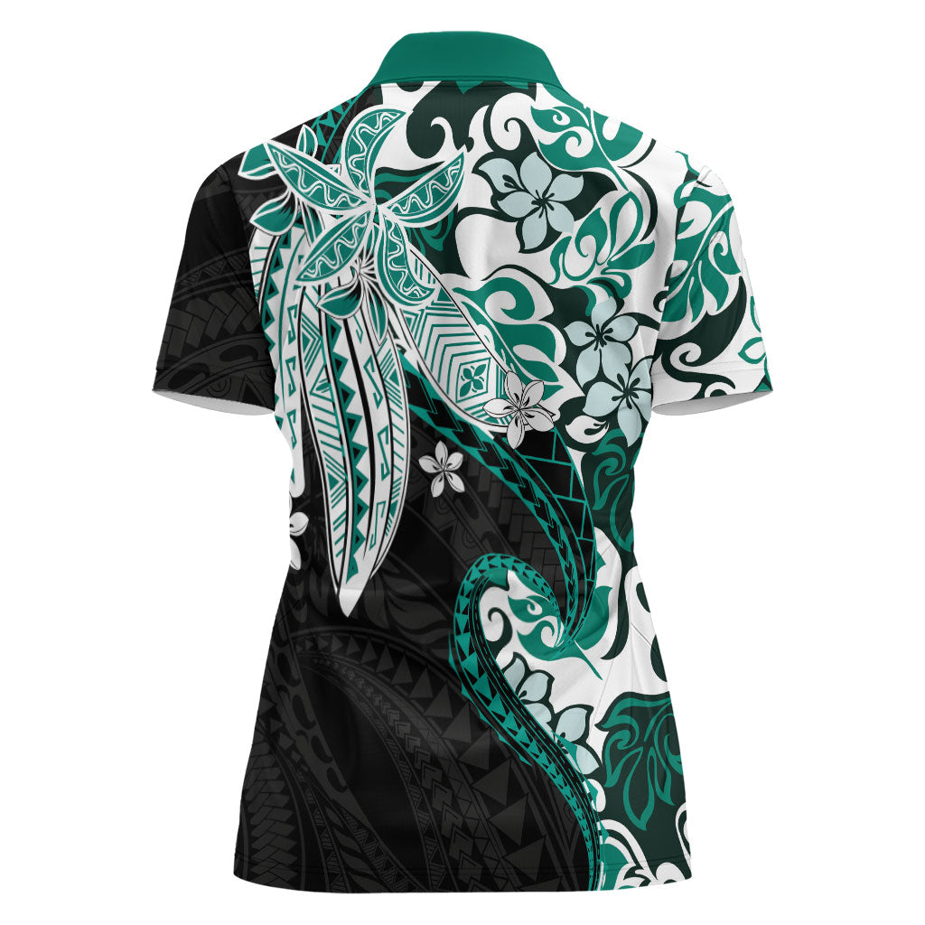 Monstera Plumeria Flowers Teal Women Polo Shirt Polynesian Pattern LT01 - Polynesian Pride