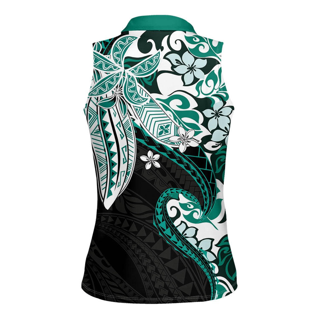 Monstera Plumeria Flowers Teal Women Sleeveless Polo Shirt Polynesian Pattern LT01 - Polynesian Pride