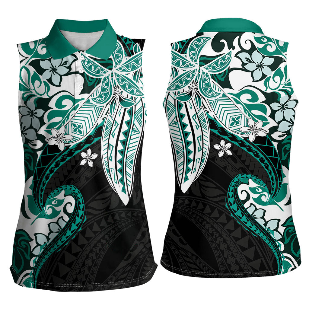 Monstera Plumeria Flowers Teal Women Sleeveless Polo Shirt Polynesian Pattern LT01 - Polynesian Pride