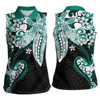 Monstera Plumeria Flowers Teal Women Sleeveless Polo Shirt Polynesian Pattern LT01 - Polynesian Pride