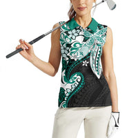 Monstera Plumeria Flowers Teal Women Sleeveless Polo Shirt Polynesian Pattern LT01 - Polynesian Pride