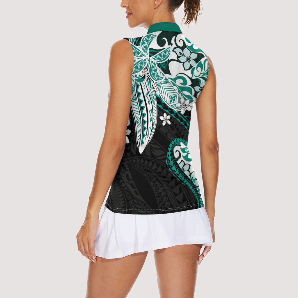 Monstera Plumeria Flowers Teal Women Sleeveless Polo Shirt Polynesian Pattern LT01 - Polynesian Pride