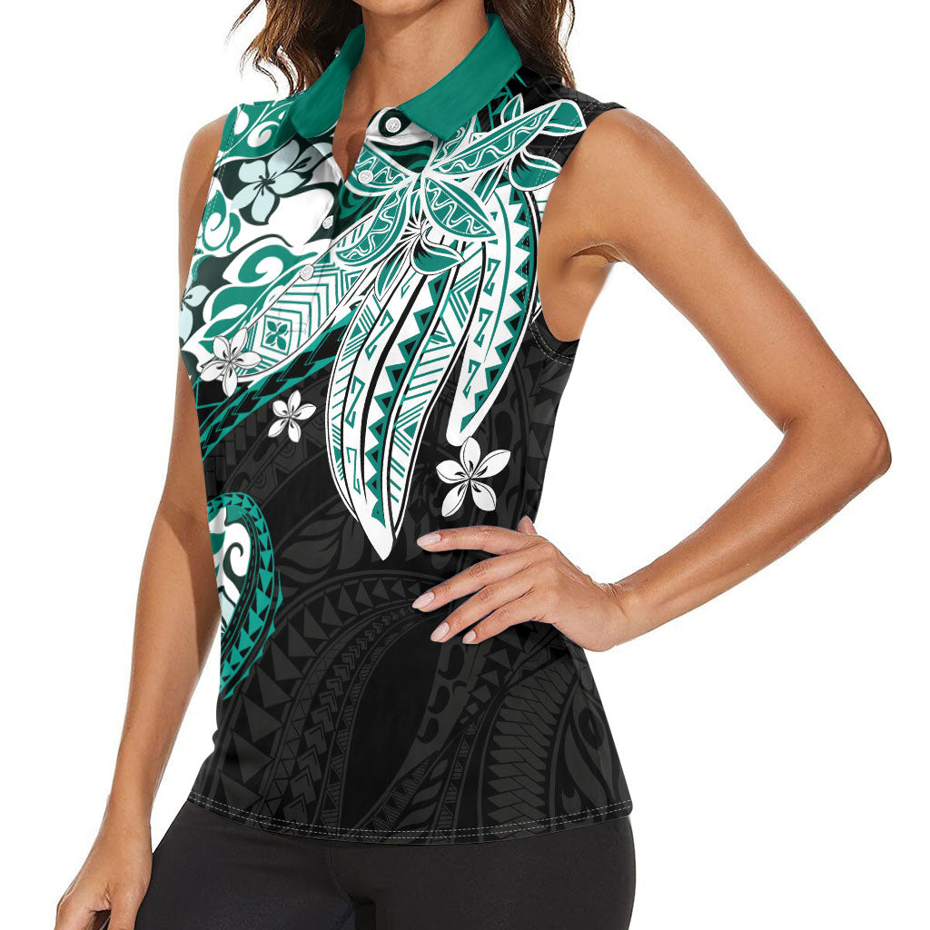 Monstera Plumeria Flowers Teal Women Sleeveless Polo Shirt Polynesian Pattern LT01 - Polynesian Pride