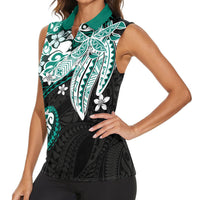Monstera Plumeria Flowers Teal Women Sleeveless Polo Shirt Polynesian Pattern LT01 - Polynesian Pride