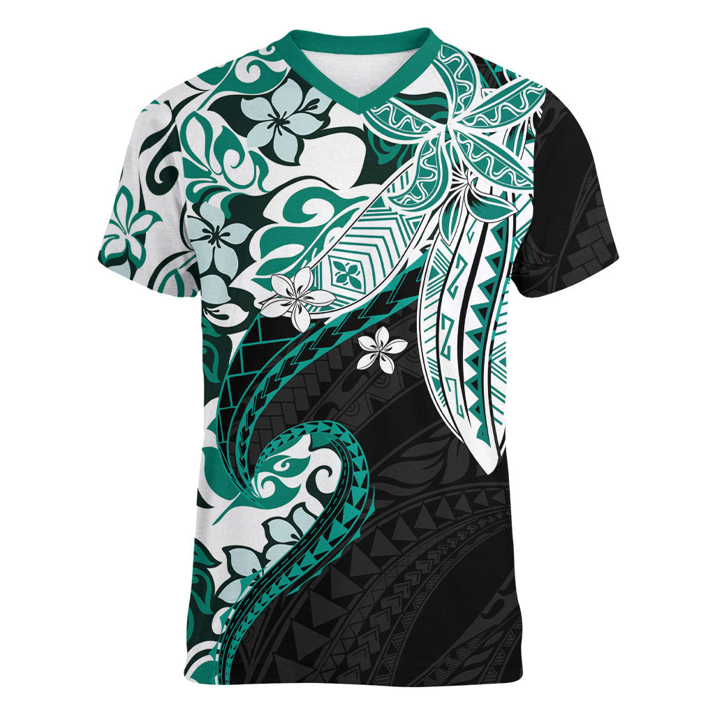 Monstera Plumeria Flowers Teal Women V-Neck T-Shirt Polynesian Pattern LT01 Female Teal - Polynesian Pride