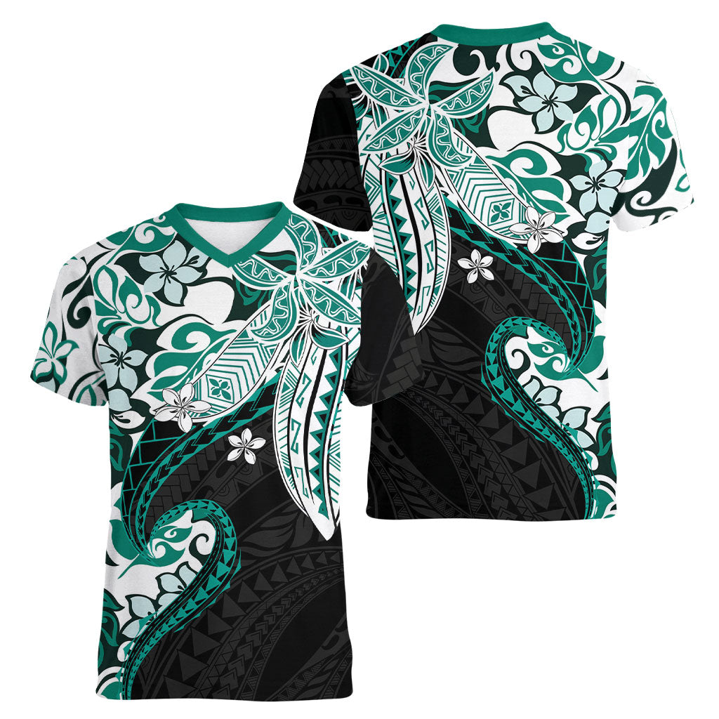 Monstera Plumeria Flowers Teal Women V-Neck T-Shirt Polynesian Pattern LT01 - Polynesian Pride