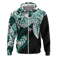 Monstera Plumeria Flowers Teal Zip Hoodie Polynesian Pattern LT01 Zip Hoodie Teal - Polynesian Pride