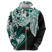 Monstera Plumeria Flowers Teal Zip Hoodie Polynesian Pattern LT01 - Polynesian Pride