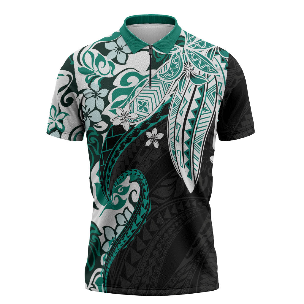 Monstera Plumeria Flowers Teal Zipper Polo Shirt Polynesian Pattern LT01 Teal - Polynesian Pride