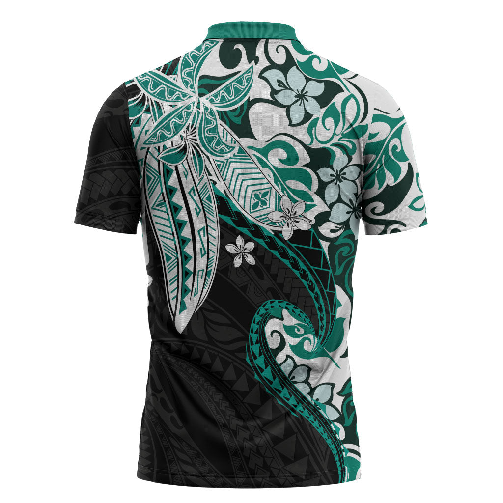 Monstera Plumeria Flowers Teal Zipper Polo Shirt Polynesian Pattern LT01 - Polynesian Pride