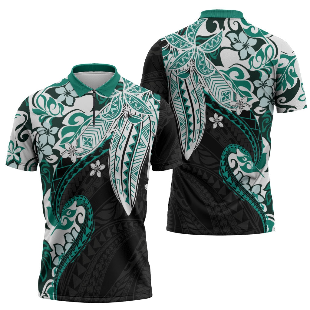 Monstera Plumeria Flowers Teal Zipper Polo Shirt Polynesian Pattern LT01 - Polynesian Pride