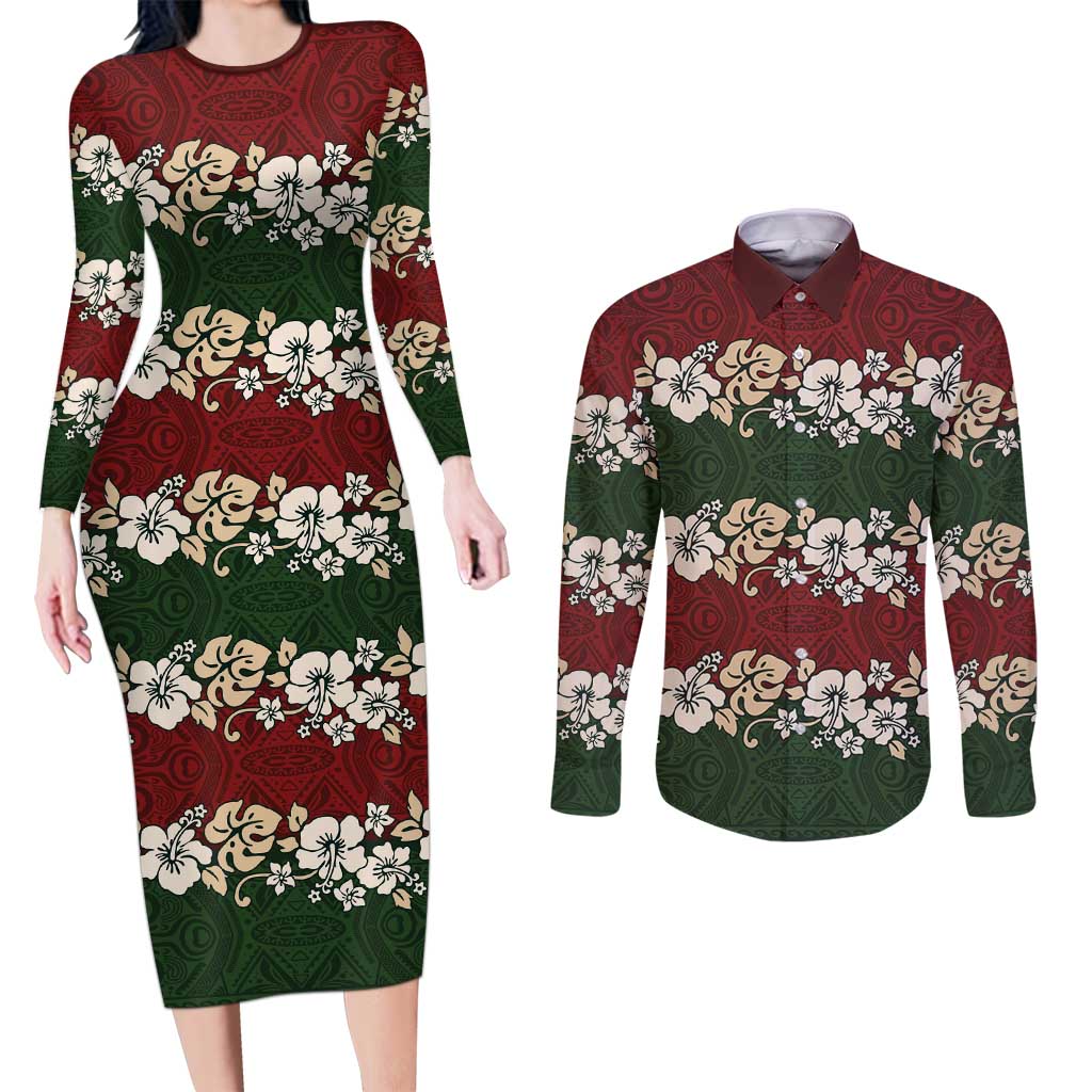 Hawaiian Hibiscus Christmas Color Couples Matching Long Sleeve Bodycon Dress and Long Sleeve Button Shirt Unique LT01 Red - Polynesian Pride
